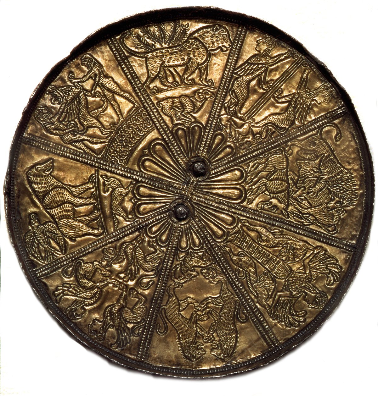 Art Scythian (skytisk eller skytisk civilisation): silverspegel täckt av guld från tumulus n°4 i Kelermes, Krasnodar-regionen till Kuban i Ryssland (650-620), 700-talet f.Kr. Sankt Petersburg, Hermitagemuseet av Scythian
