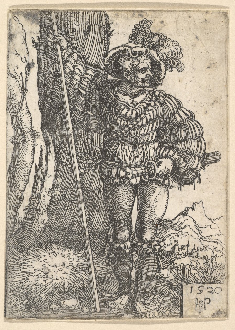 Ett Lansquenet står vid ett träd, 1520. av Sebald Beham