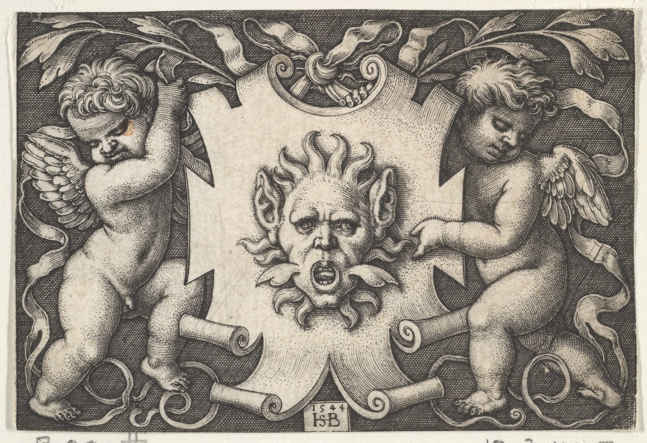 En mask på en skylt med stöd av två genier, 1544. av Sebald Beham