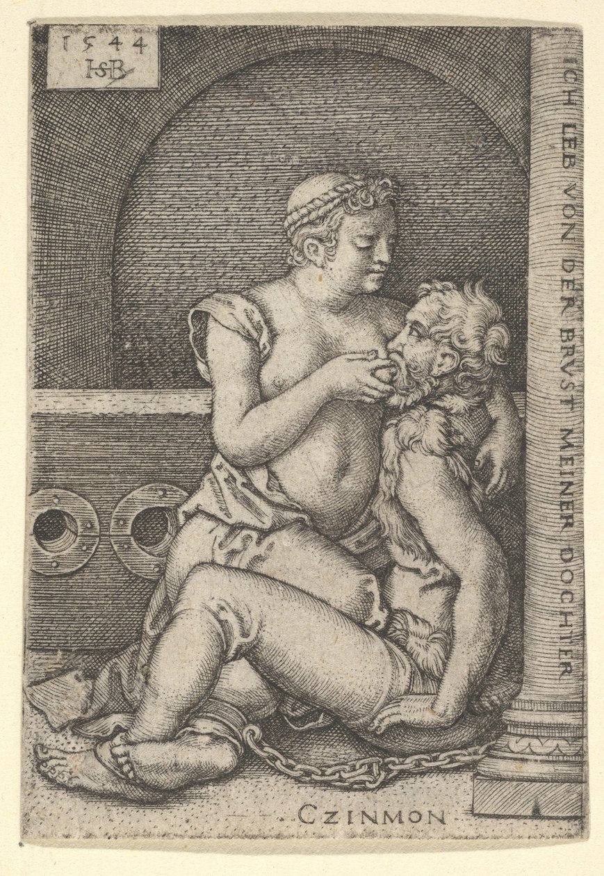 Cimon satte sig mot en kolonn till höger, diande från Pero som ligger på knä bredvid honom, 1544. av Sebald Beham