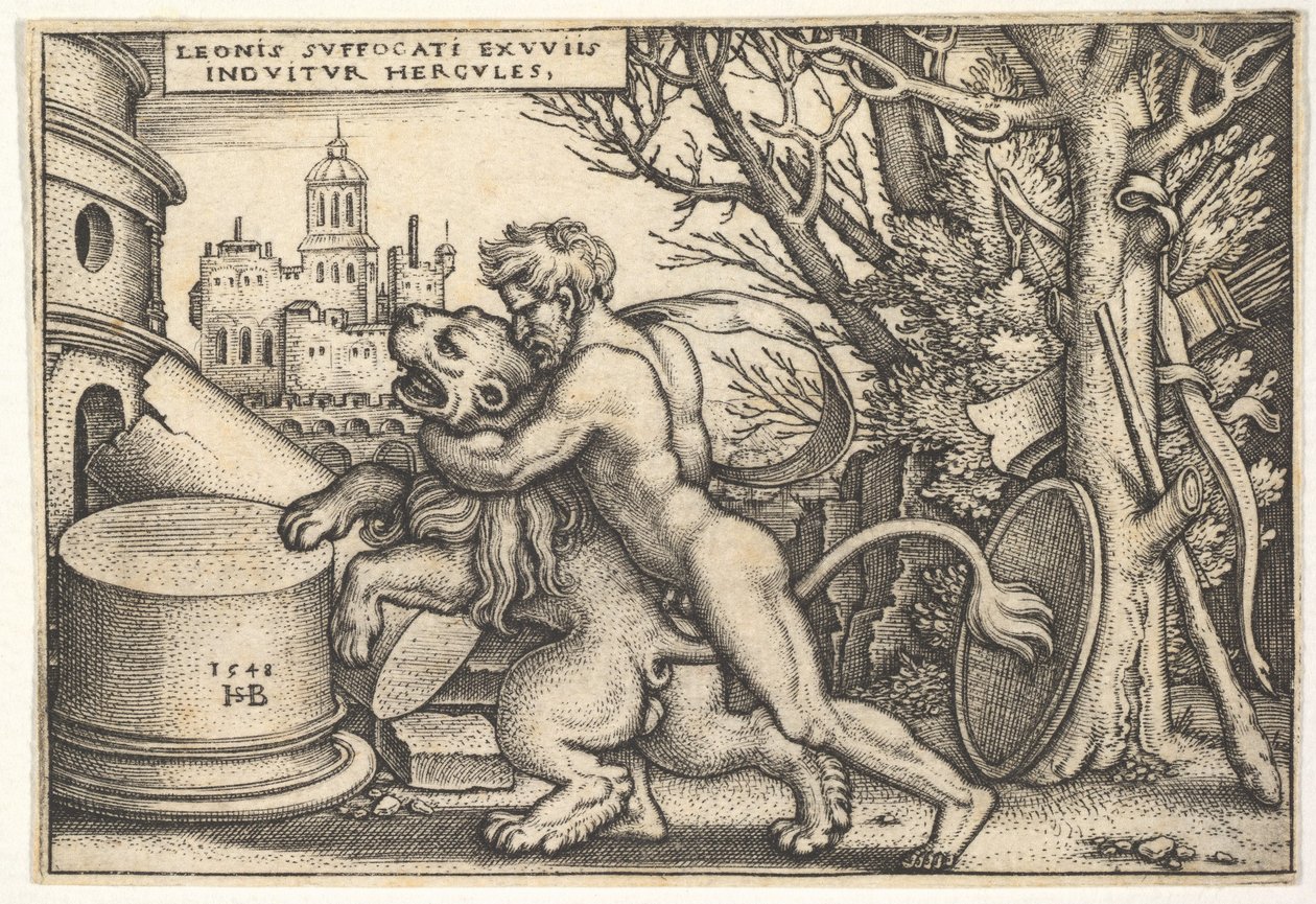 Hercules, i profil, dödar det Nemeiska lejonet med armen runt dess hals, från 