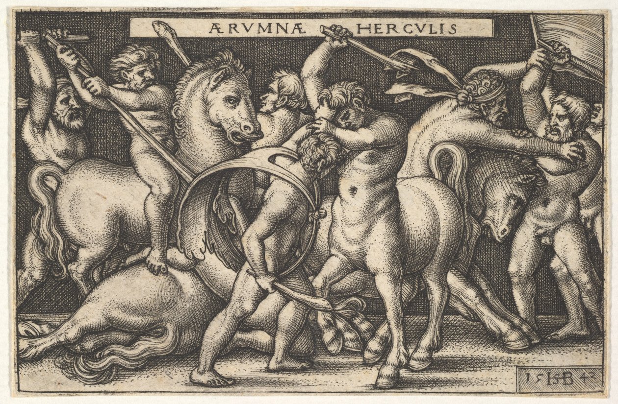 Hercules med sin klubba i mitten kämpar mot en kentaur, andra män kämpar mot kentaurer till vänster..., 1542. av Sebald Beham