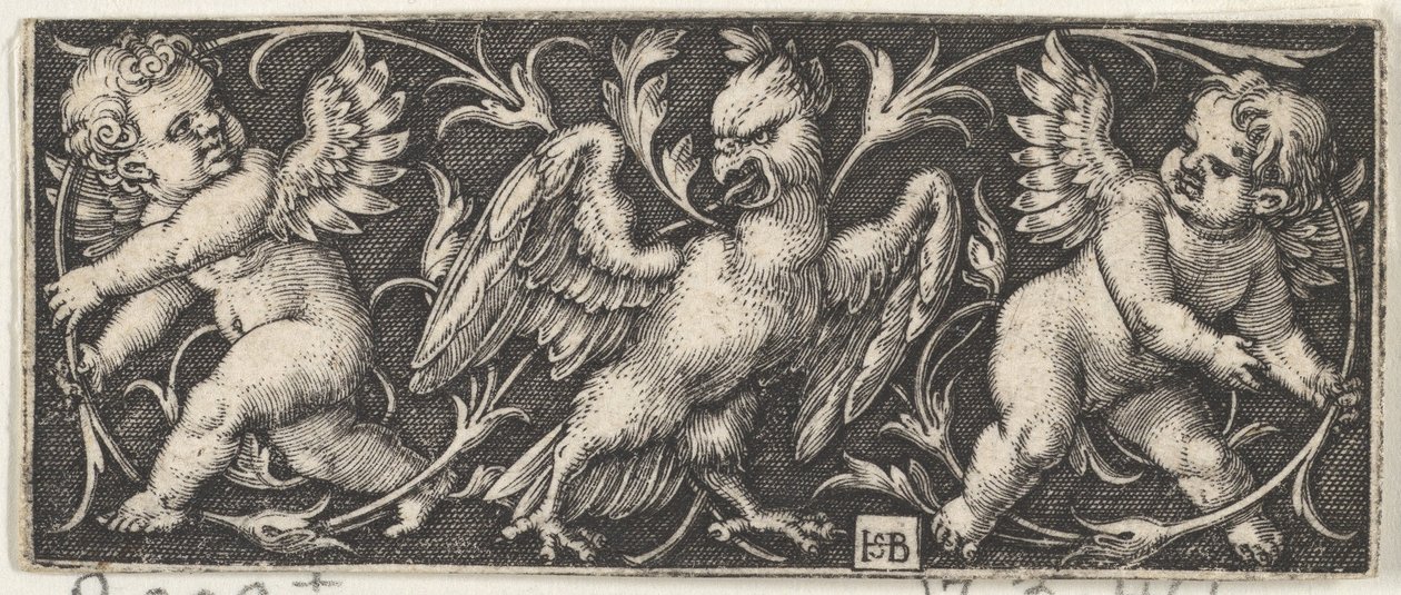 Horisontell panel med en örn flankerad av två genier, 1544. av Sebald Beham