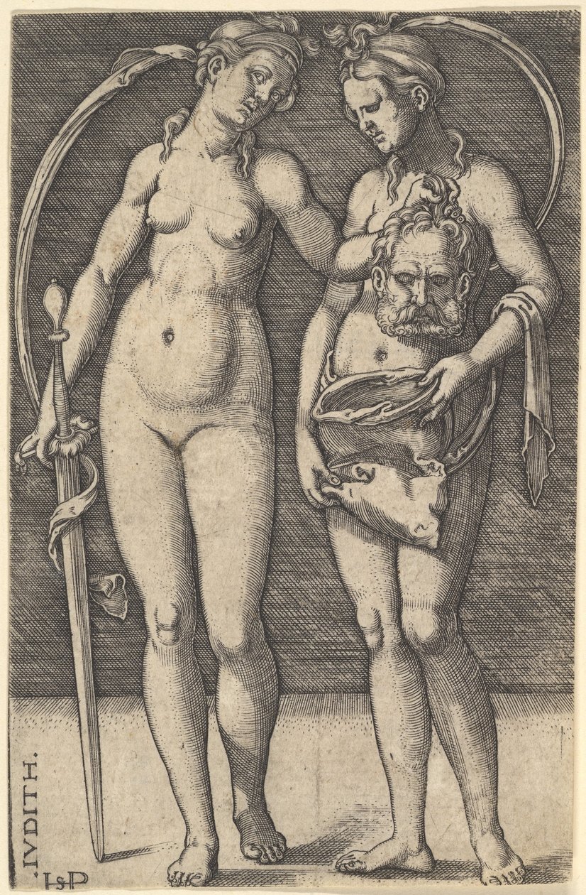 Judith står till höger och håller Holofernes huvud i sin högra hand och en..., ca. 1520-30. av Sebald Beham