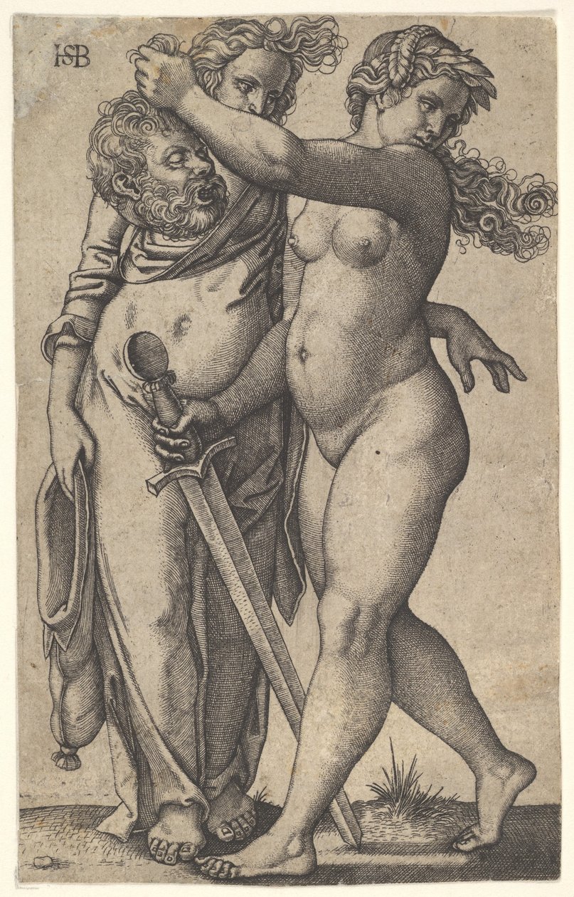 Judith går till vänster med Holofernes huvud i höger hand och ett svärd..., ca. 1530-50. av Sebald Beham