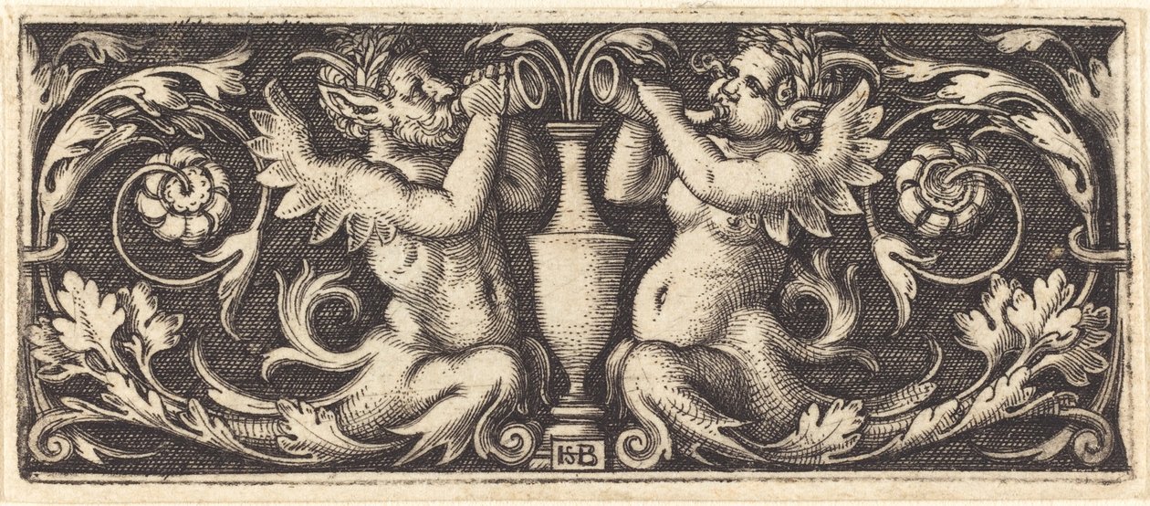 Prydnad med två Tritons blåsande horn av Sebald Beham