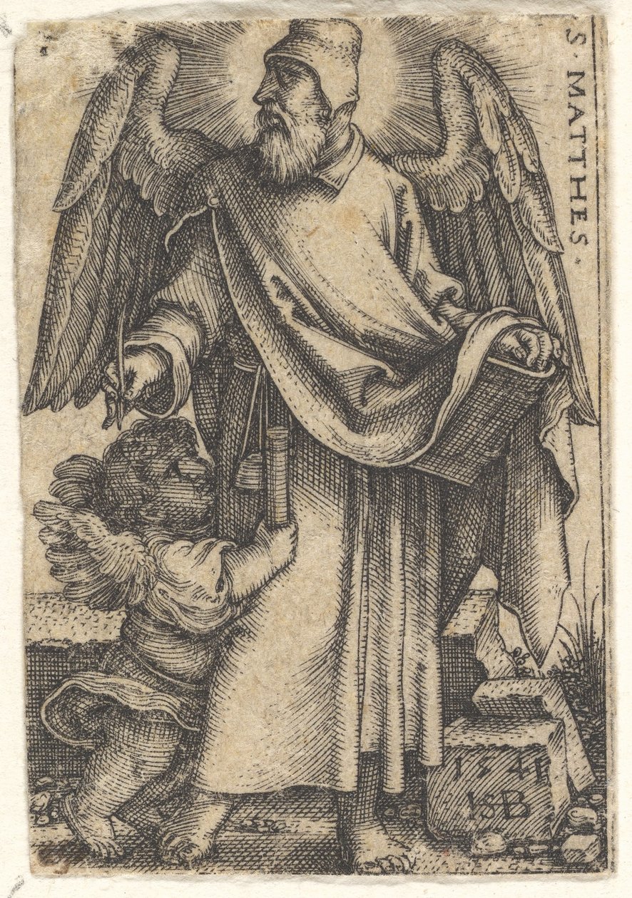 Plåt 1: Saint Matthew med huvudet vänt i profil till vänster, en kerub längst ner till vänster..., 1541. av Sebald Beham