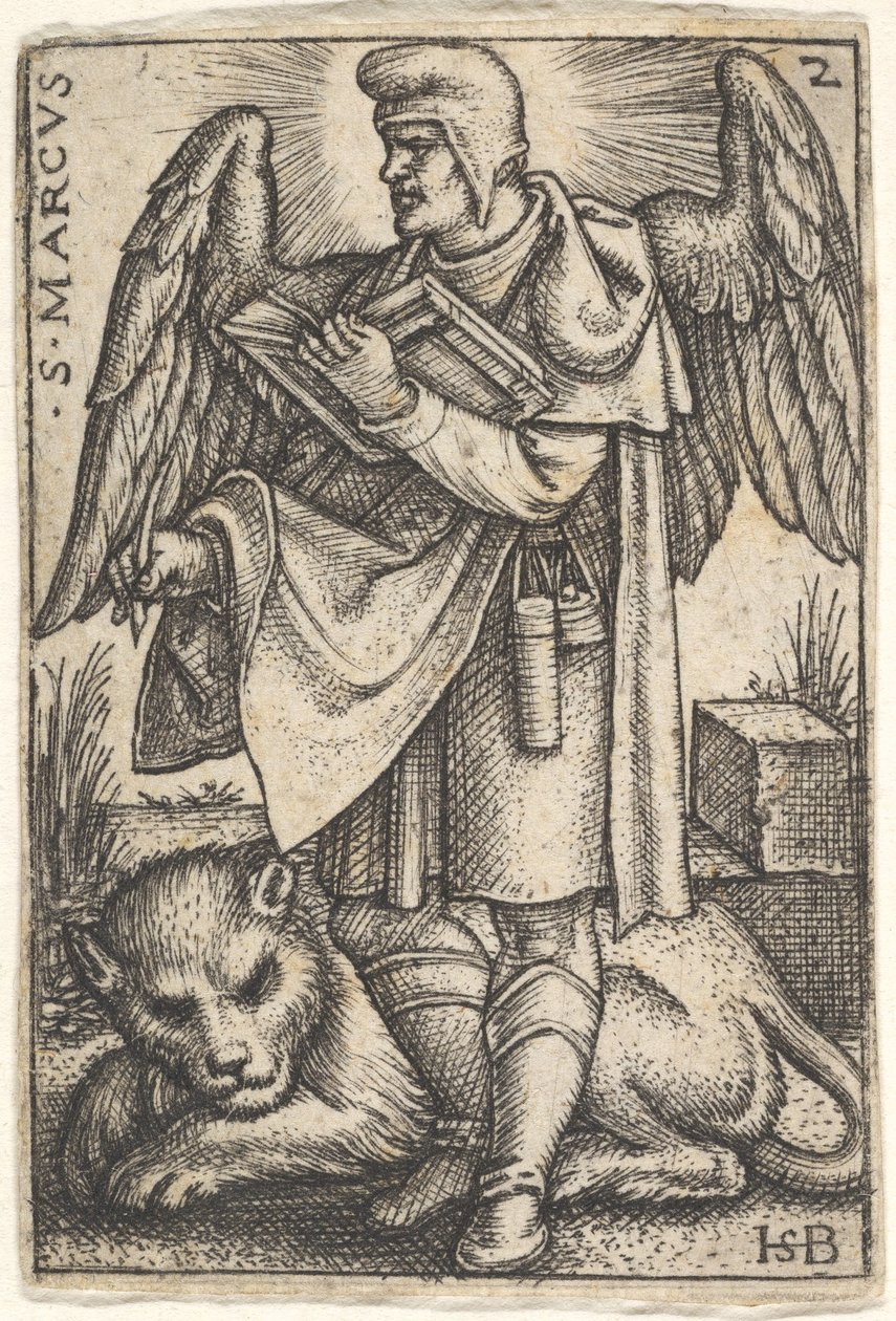 Plåt 2: Markus, hans huvud vänt i profil åt vänster, med en öppen bok i hans högra..., 1541. av Sebald Beham