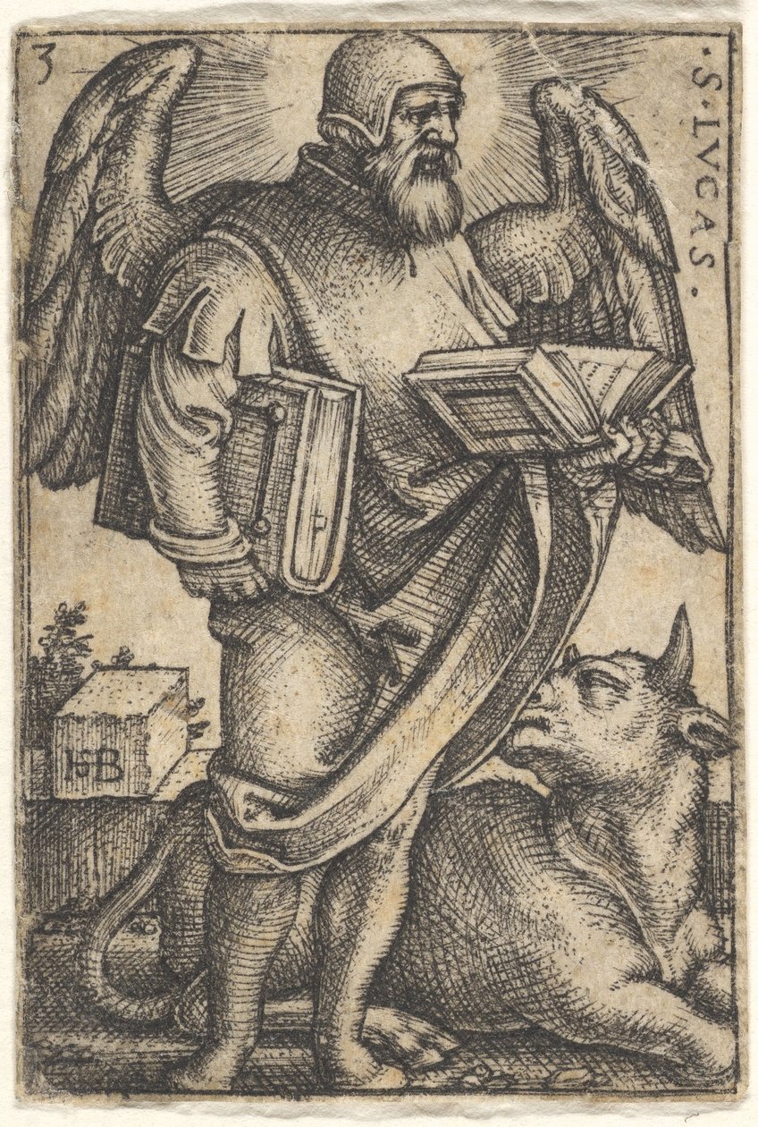 Plåt 3: Saint Luke med huvudet vänt i profil åt höger, en bok i varje hand, en f..., 1541. av Sebald Beham