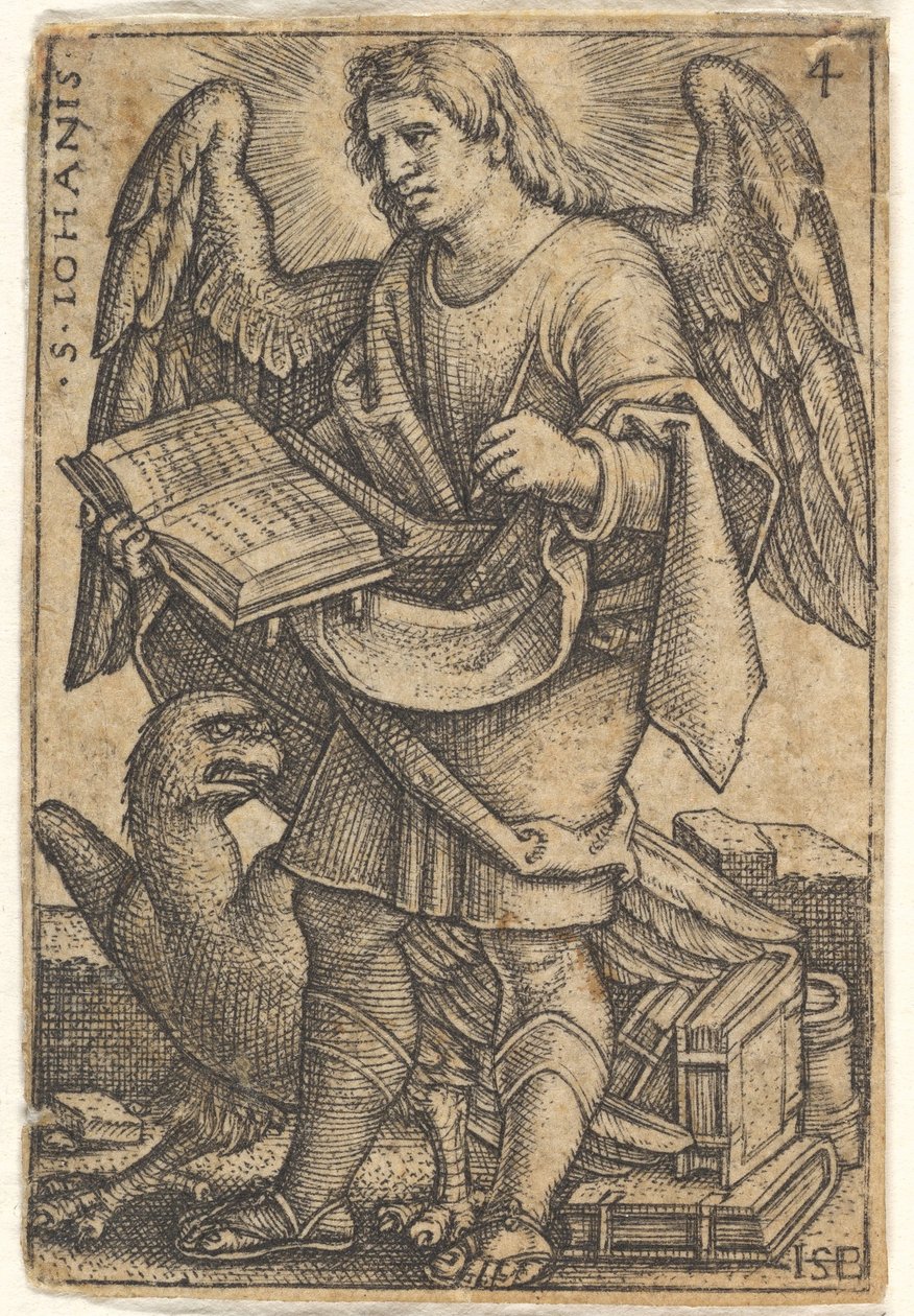Plåt 4: Sankt Johannes med huvudet vänt tre fjärdedelar åt vänster, med en bok i hans ri..., 1541. av Sebald Beham