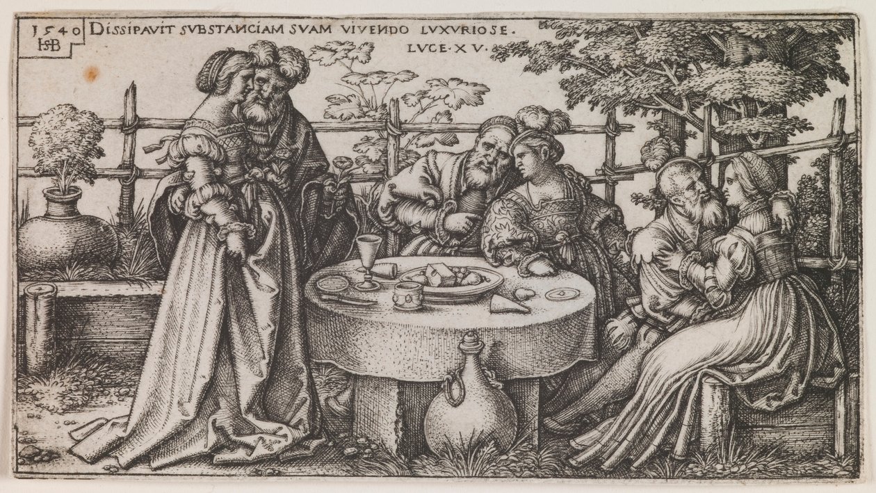 The Prodigal Son Wasting his Fortune, från serien "The History of the Prodigal Son" av Sebald Beham