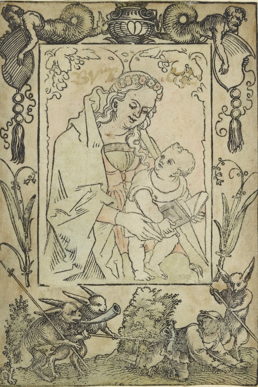 Jungfrun och barnet omgiven av en gräns med en jägare och några kaniner, 1500-talet av Sebald Beham