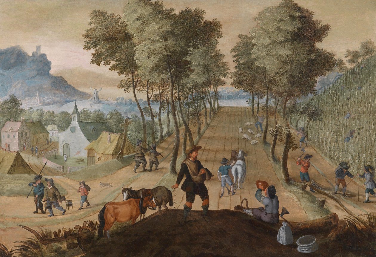 Baumbestandene Landschaft in der Nähe eines Dorfes mit Bauern bei der Feldarbeit av Sebastian Vrancx