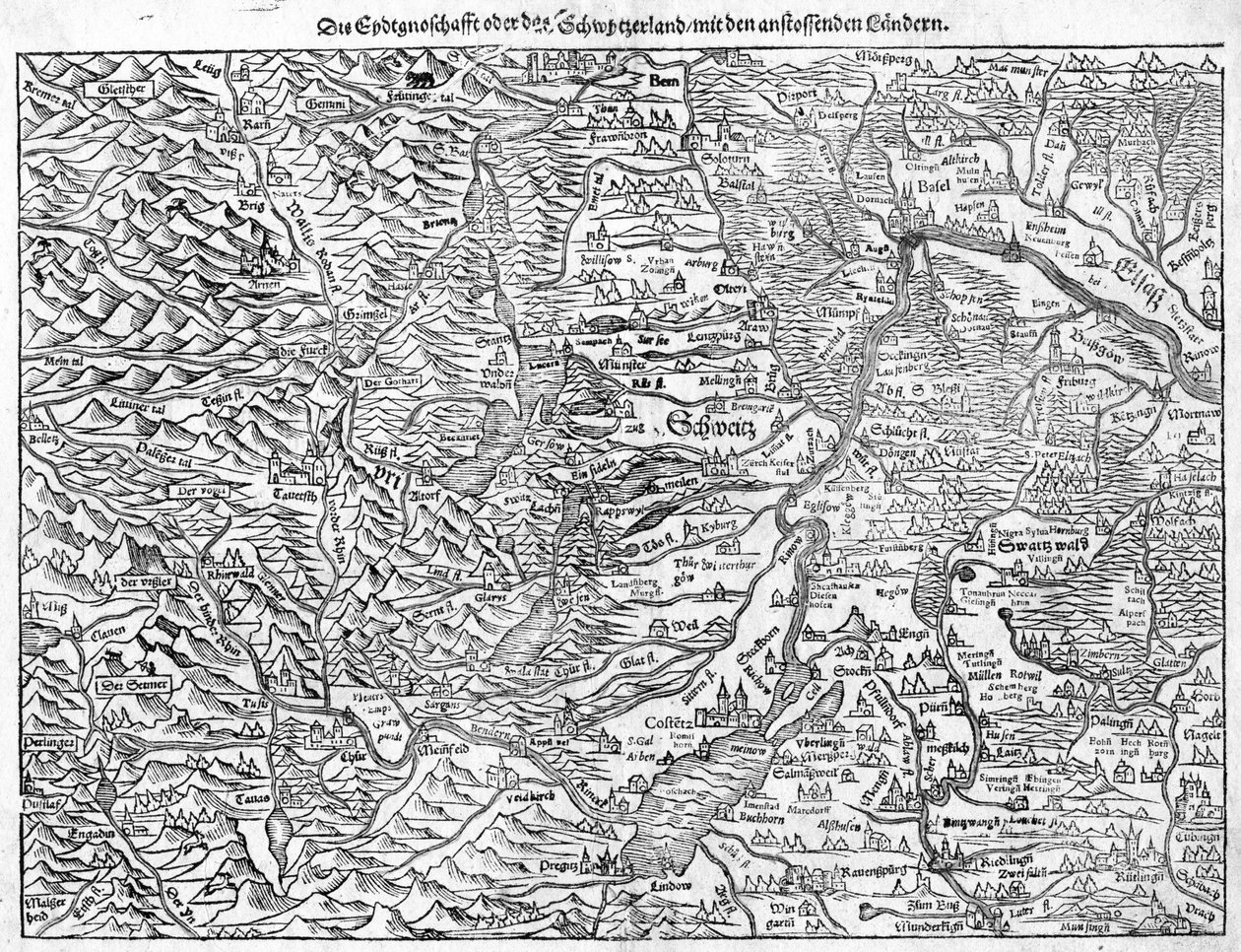 Gammal karta över Schweiz av Sebastian Münster, 1550 av Sebastian Munster