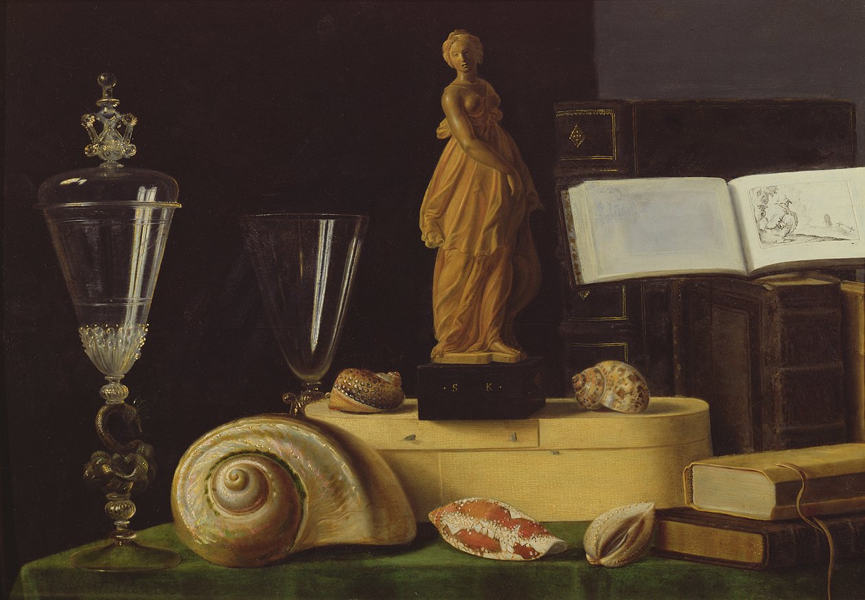 Stilleben med statyett och snäckor, c.1630 av Sebastian Stoskopff