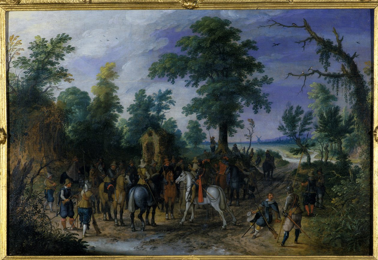 Kavalleri och infanteri före ett kapell, före 1610 av Sebastian Vrancx