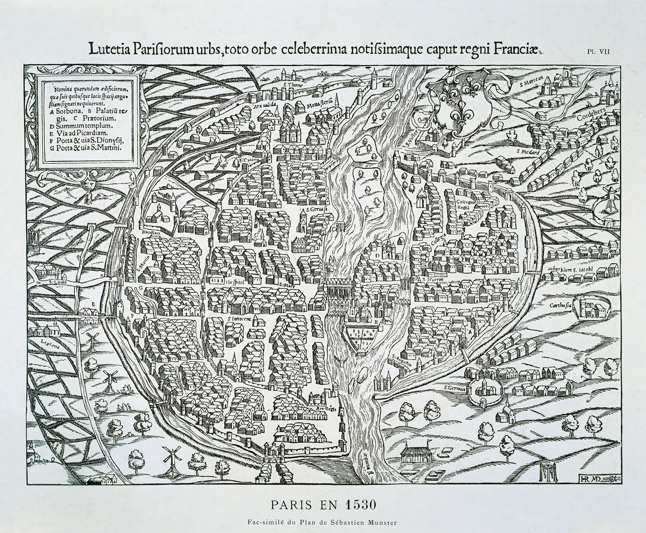 Paris stadsplan c.1530 (trägravyr) av Sebastian (after) Münster