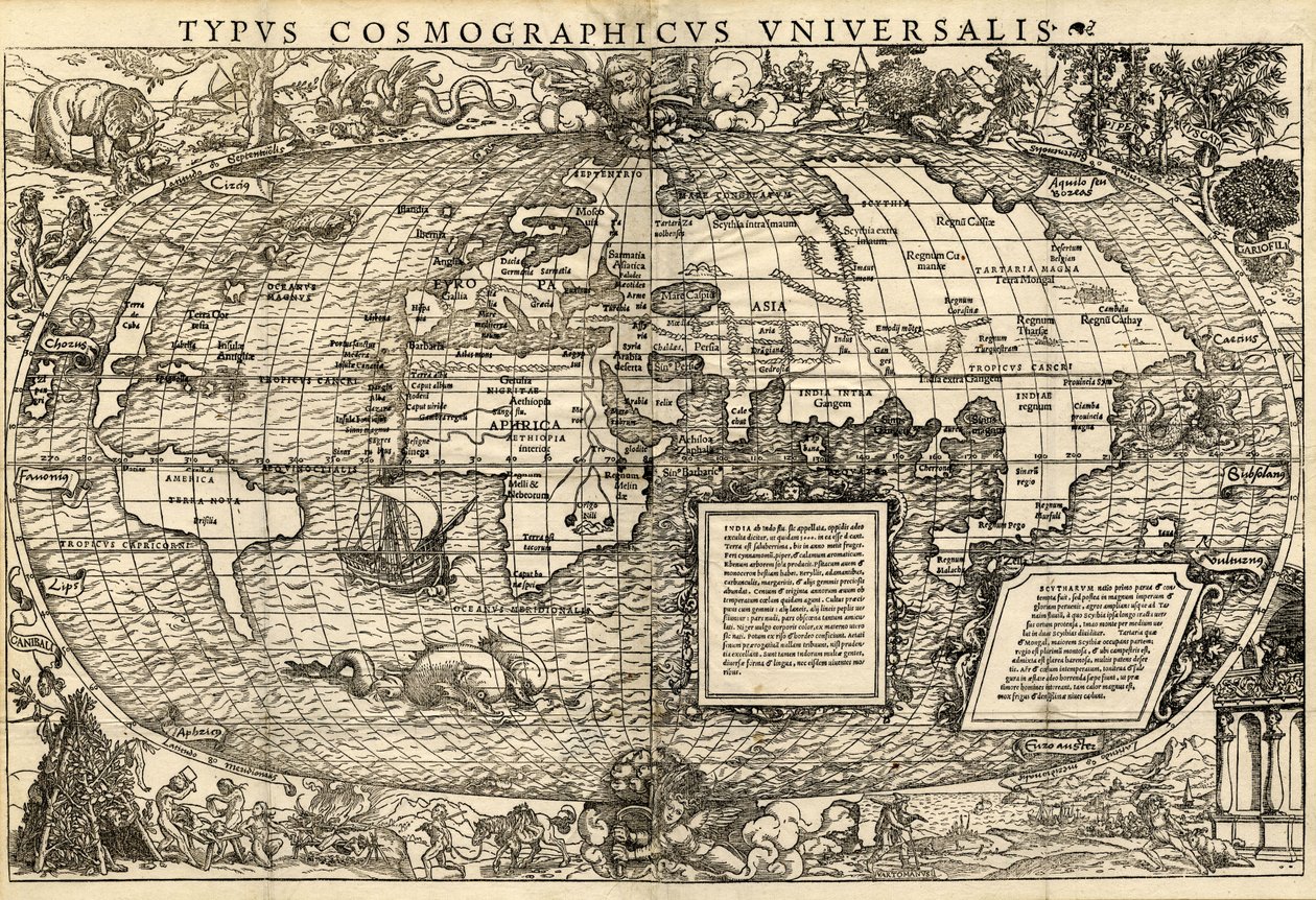 Typus Cosmographicus Universalis (Världskarta), ca 1532 (träsnitt) av Sebastian & Holbein Hans the Younger Münster