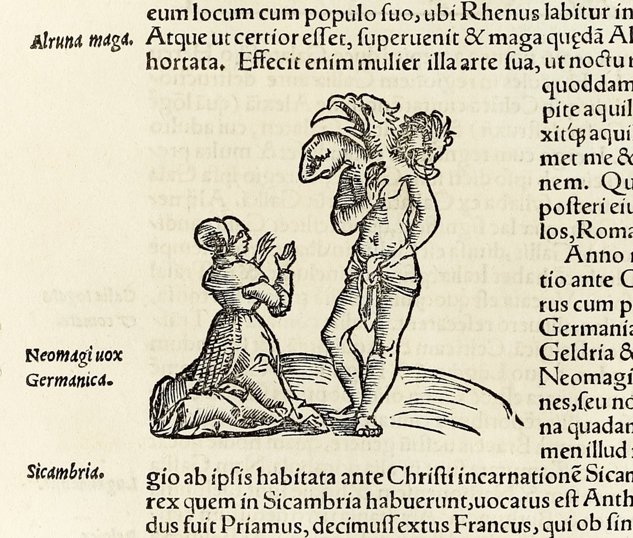 En häxa tillkallar en trehövdad demon, från 1550 års upplaga av 
