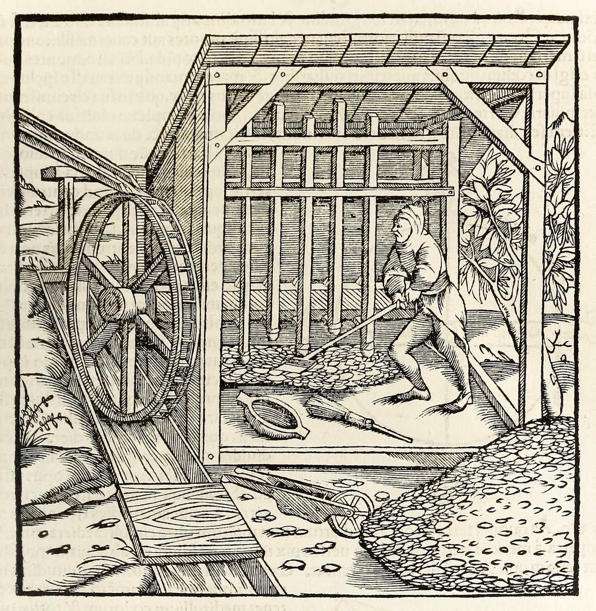 Gruvdrift med vattenhjul, från 1550 års upplaga av 