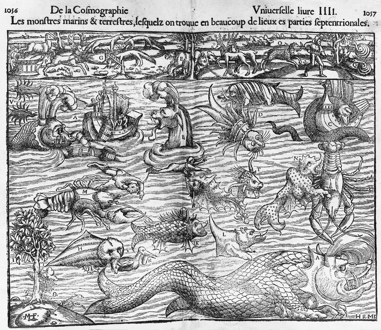 Havs- och landmonster, illustration från Cosmographia Universalis, av Sebastian Munster (1489-1552) av Sebastian Munster
