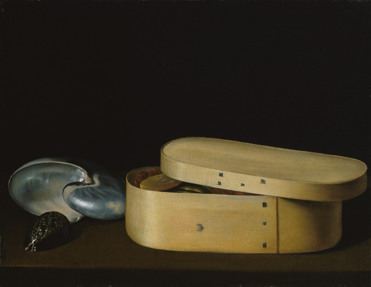 Stilleben med snäckor och en träspånlåda, sent 1620-tal. av Sebastian Stoskopff