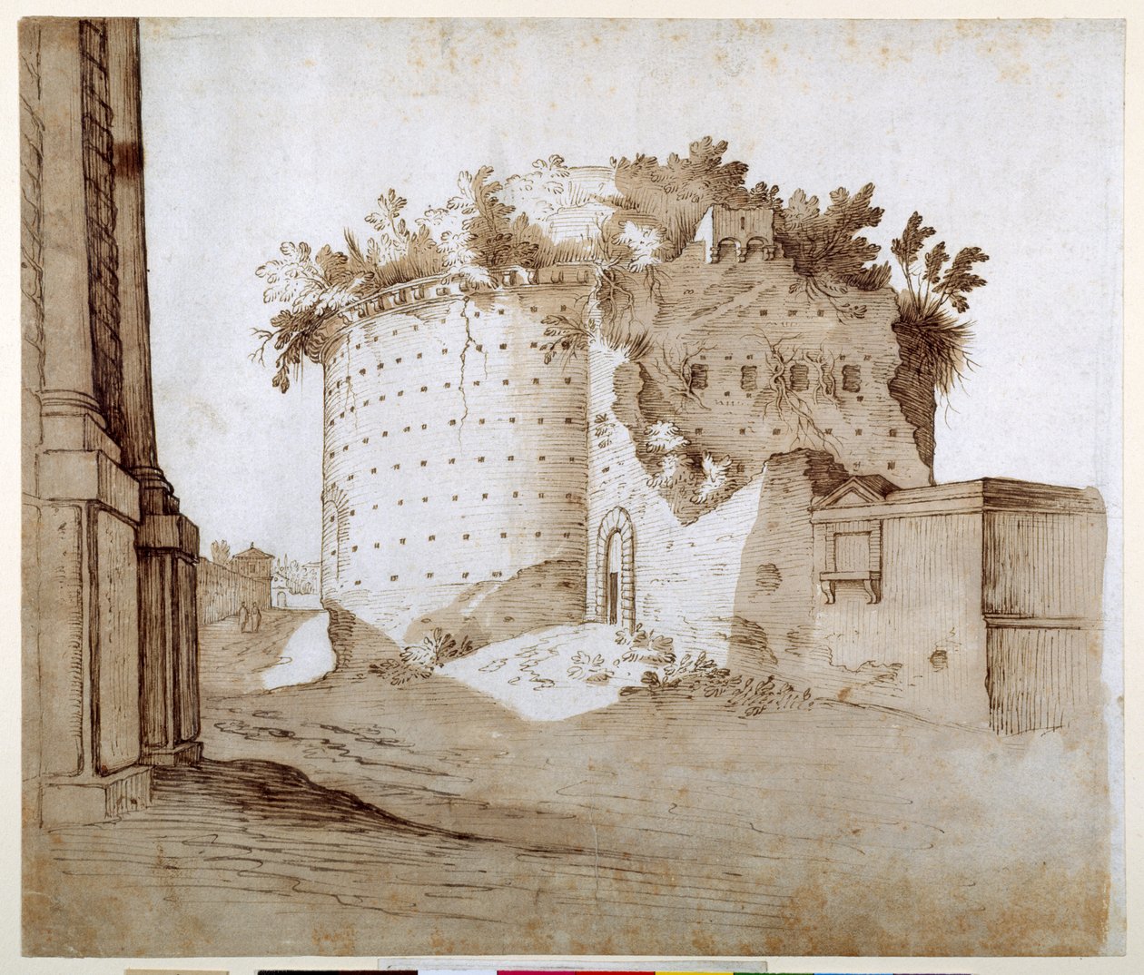 Ett mausoleum (penna & brunt bläck på papper) av Sebastian Vrancx