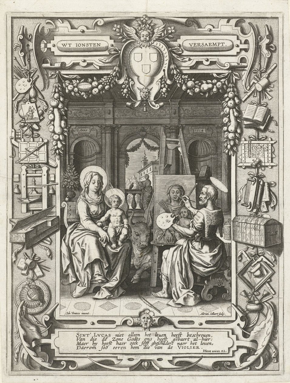Vapensköld av Saint Luke-gillet med Saint Lukas målning Madonna och barn, 1620-21 av Sebastian Vrancx
