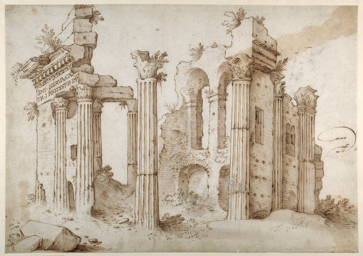 Kolumnerade ruiner av Temple of Minerva, Forum of Nerva, Rom (penna och brunt bläck med tvätt på papper) av Sebastian Vrancx