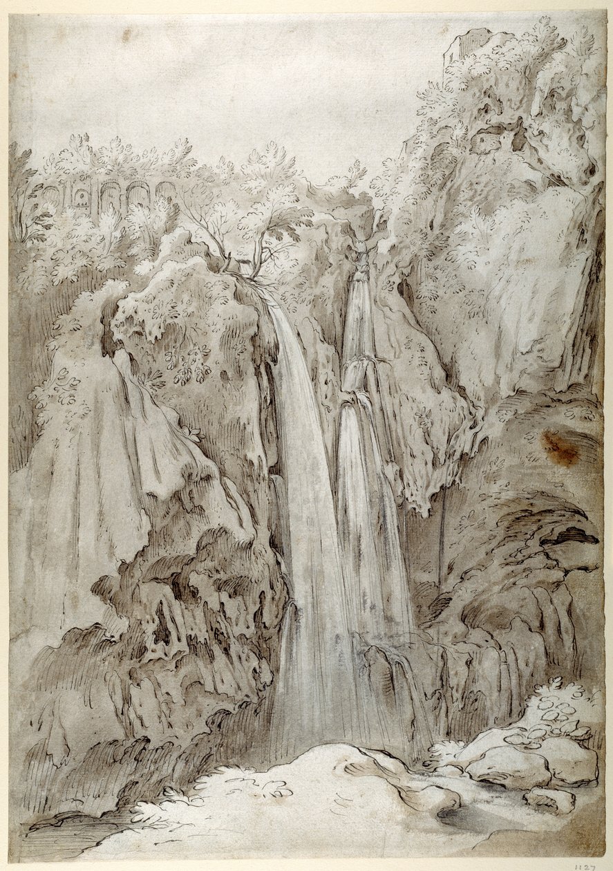 Rocks and falls of the Aniene at Tivoli (penna & brunt bläck med brun tvätt på vitt papper) av Sebastian Vrancx