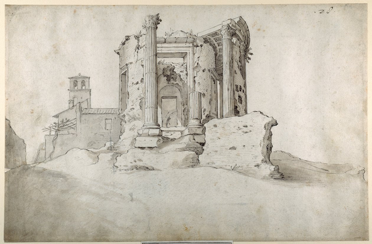 Ruinerna av Temple of the Tiburtine Sibyll at Tivoli (penna & brunt bläck med gråbrun tvätt på vitt papper) av Sebastian Vrancx