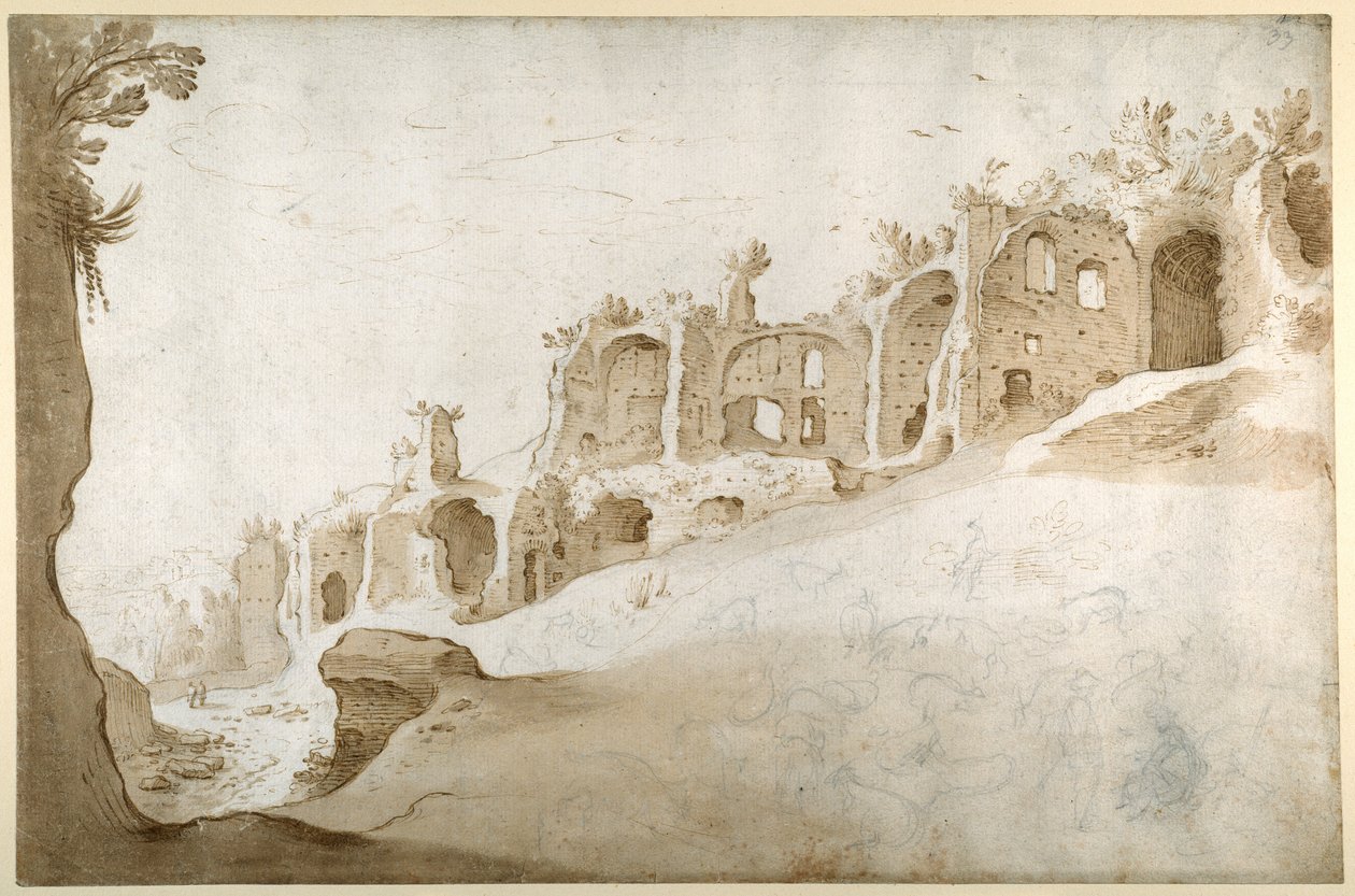 Ruiner på Palatinen: Domus Augustanus och Septimius Severus palats (penna & brunt bläck med brun tvätt & svart krita på vitt papper) av Sebastian Vrancx