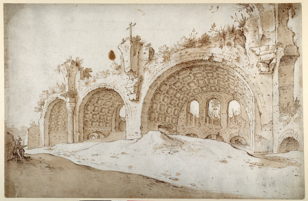 Basilica of Constantine and Maxentius (penna & brunt bläck med brun tvätt på vitt papper) av Sebastian Vrancx