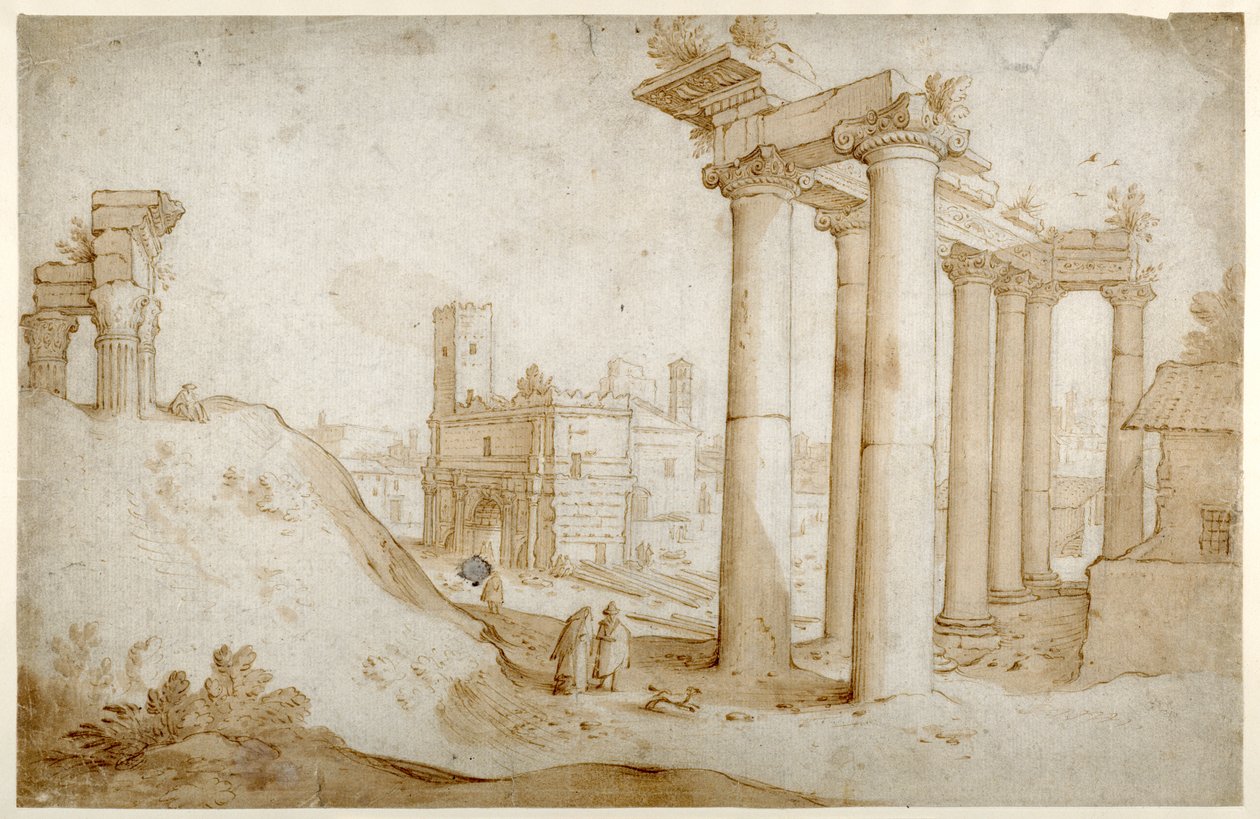 Forum Romanum med Titus och Vespasianus tempel, Saturnus tempel och Septimius Severus båge (Penna och brunt bläck med brun tvätt, på papper) av Sebastian Vrancx
