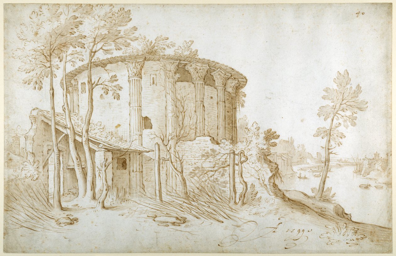Vestatemplet i Forum Boarium, sett från norr, Tibern till höger, ca 1650 (penna & bläck med tvätt på papper) av Sebastian Vrancx