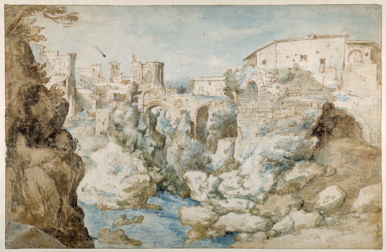 Utsikt över Tivoli med Temple of the Tiburtine Sibyl and the Falls (penna och bläck med brunt och blått tvätt på papper) av Sebastian Vrancx