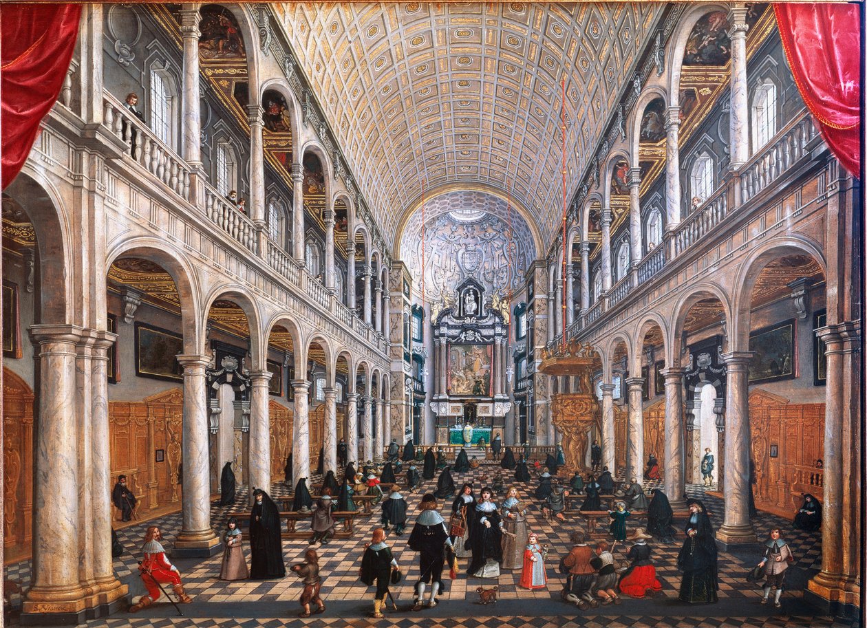 Vy över interiören av jesuiternas kyrka i Antwerpen (olja på trä av Sebastian Vrancx