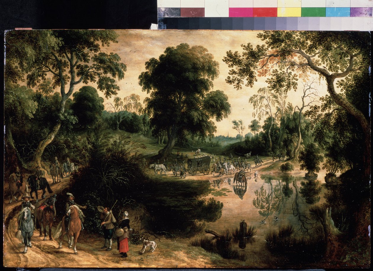 Reser med militär eskort. Målning av Sebastiaen Vrancx (1574-1647). Olja på trä, 38,5 x 59 cm, ca 1610. Flamländsk konst, barockkonst. Pushkin Museum of Fine Arts, Moskva. av Sebastian Vrancx