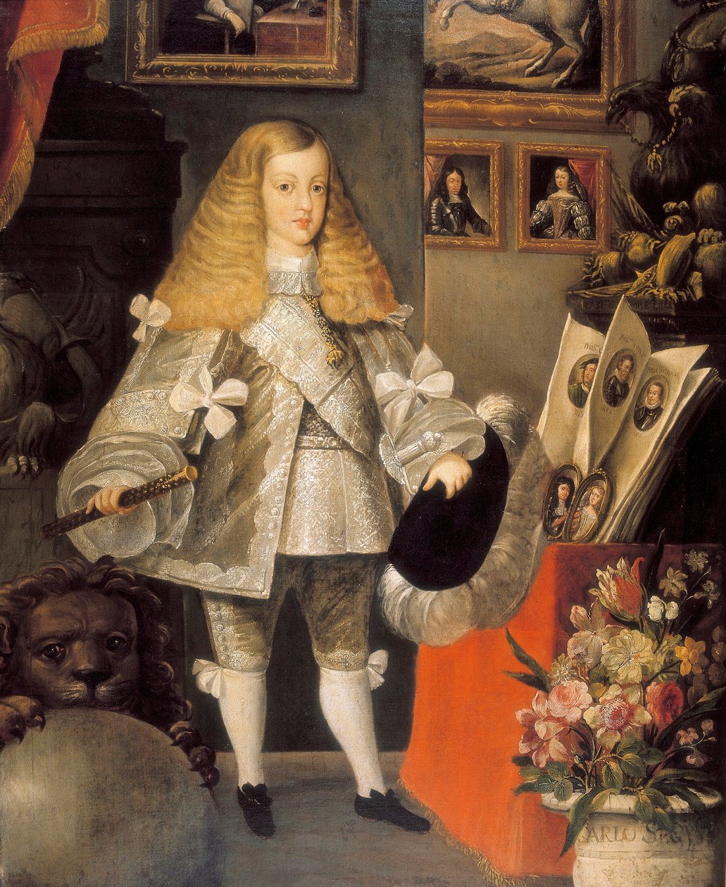 "Porträtt av Karl II av Spanien (1661-1700) barn" Detalj. Målning tillskriven Sebastian av Herrera Barnuevo (1619-1671). 1600-talet. av Sebastian de (attr.to) Herrera Barnuevo