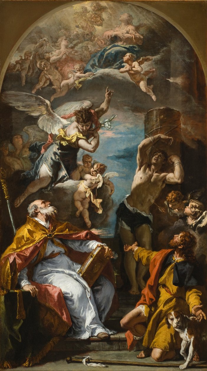 Jungfruens ära med ärkeängeln Gabriel och de heliga Eusebius, Roch och Sebastian av Sebastiano Ricci