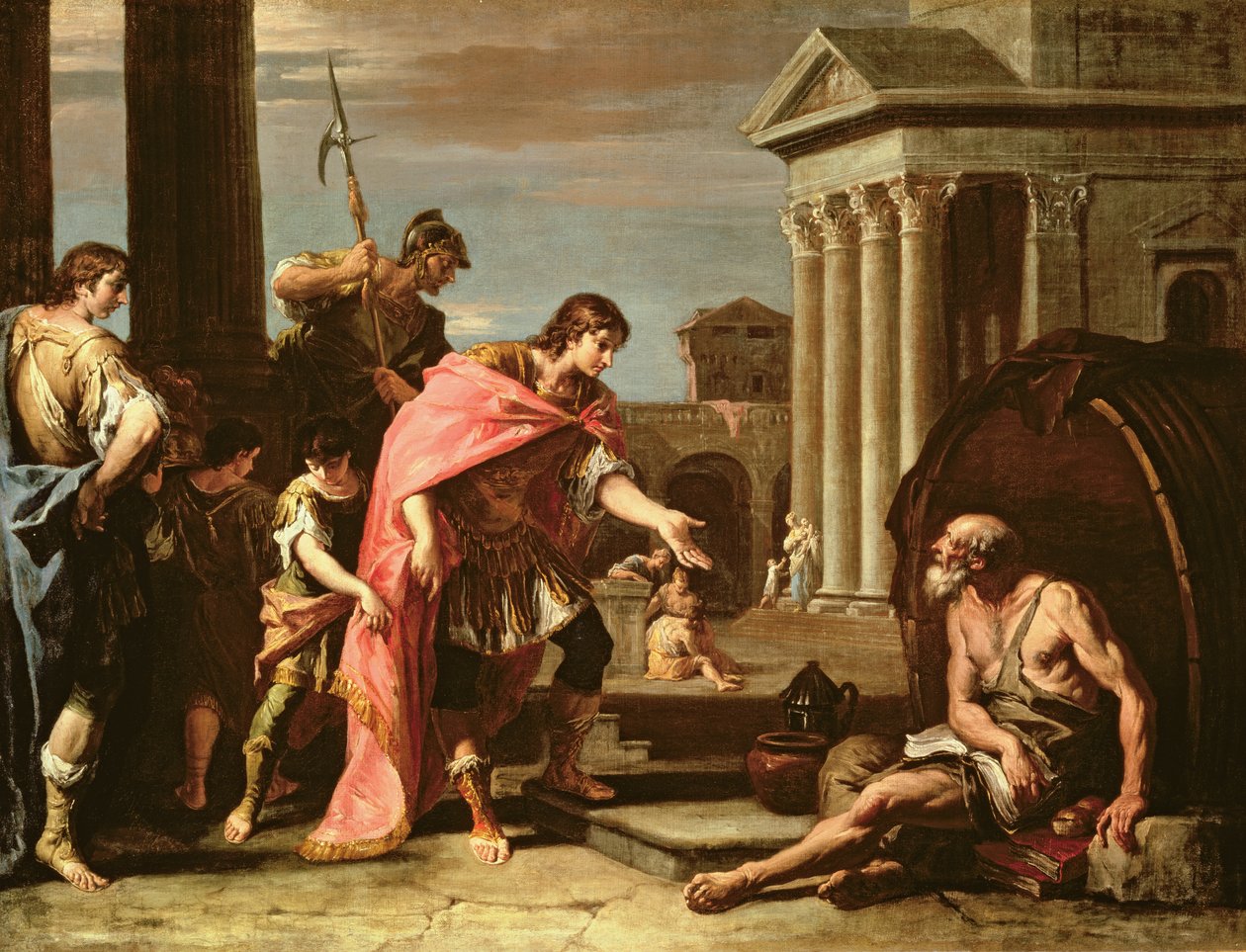 Alexander den store (356-23 f.Kr.) på besök hos Diogenes (c.410-320 f.Kr.) i Aten av Sebastiano Ricci