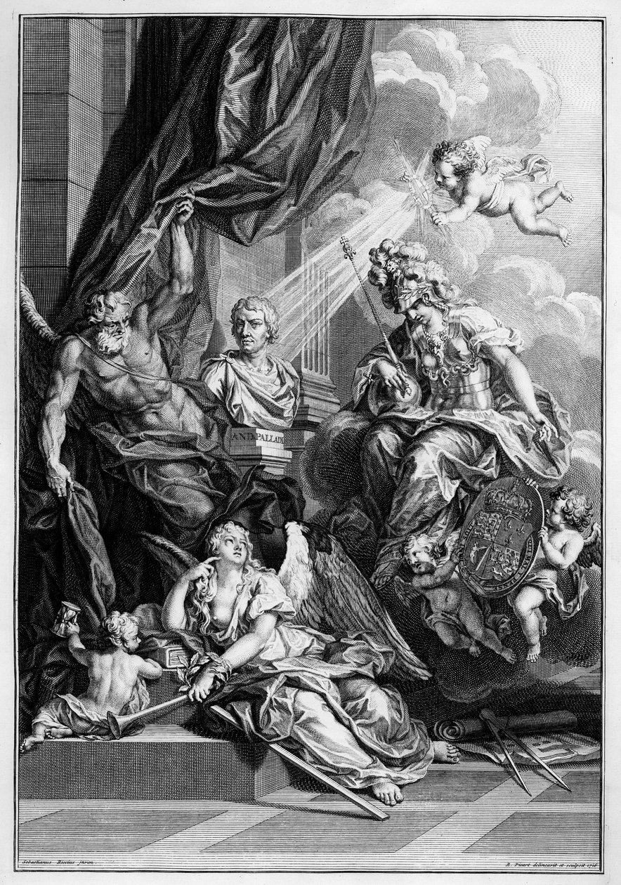Frontispice till "The Architecture of A. Palladio, in Four Books", Giacomo Leoni ed., graverad av Bernard Picart, publicerad 1715. av Sebastiano Ricci