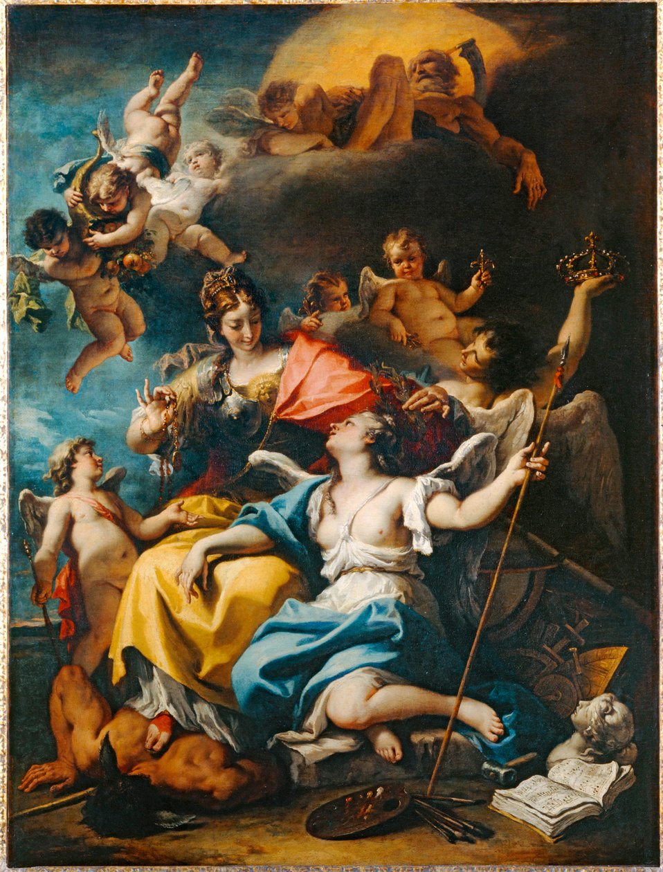 Allegori av Frankrike under Minervas gestalt som trampar okunnighet under fötterna och kröner dygden ... av Sebastiano (attr. to) Ricci