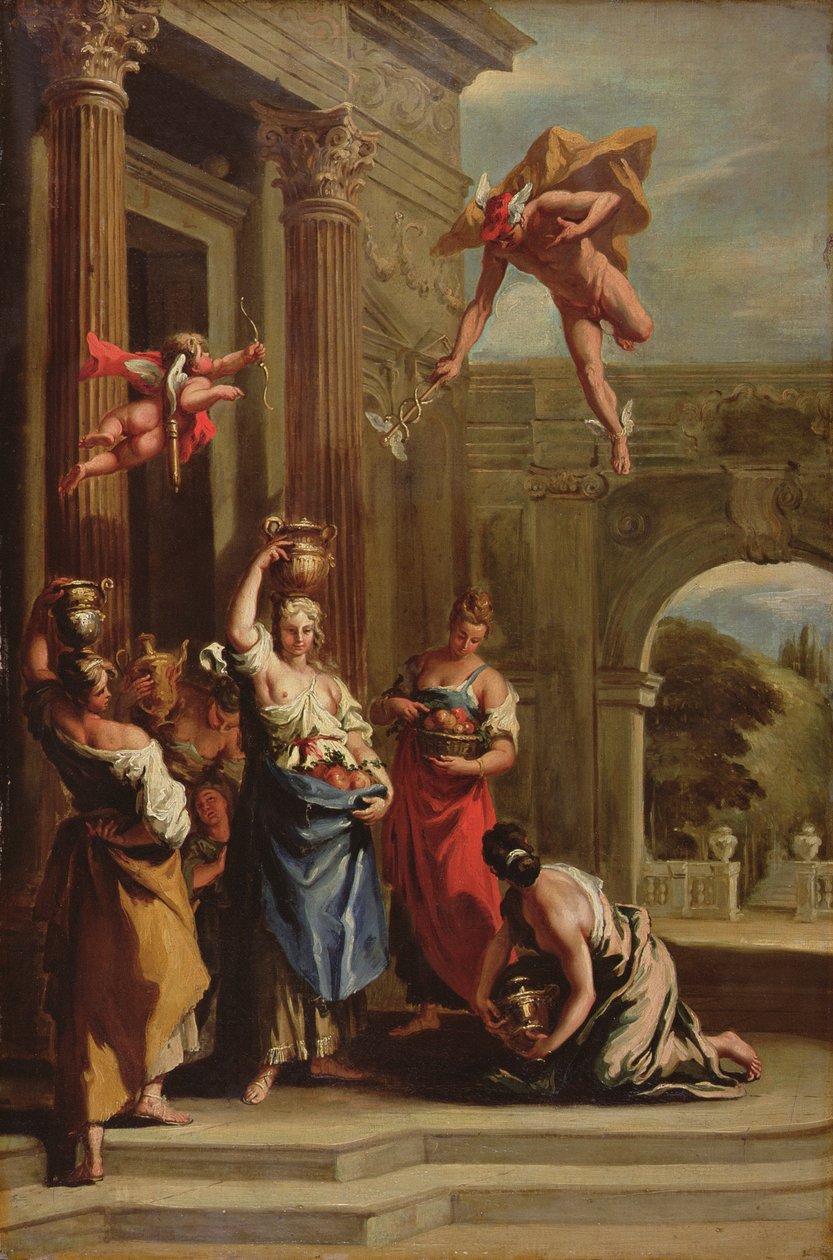 Mercury, Herse och Aglauros (olja på duk) av Sebastiano (school of) Ricci