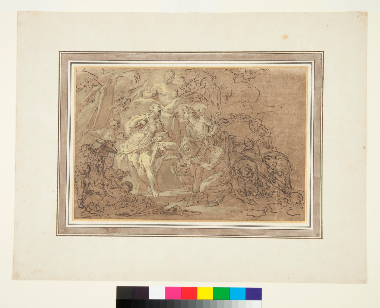 Bacchus och Ariadne c.1715 (penna och bläck över svart krita på brun botten) av Sebastiano Conca