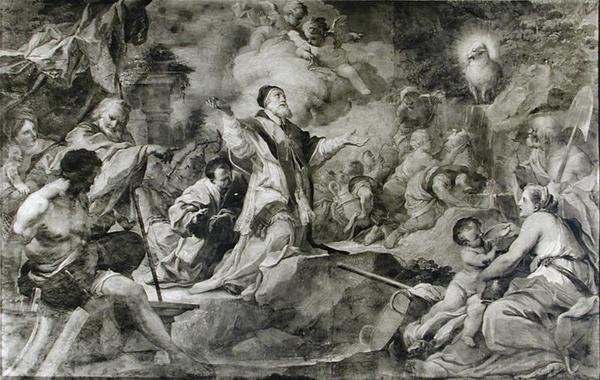 St. Clement som åberopar Guds lamm för att producera vatten från en klippa på Krim (olja på duk) (s/v foto) av Sebastiano Conca
