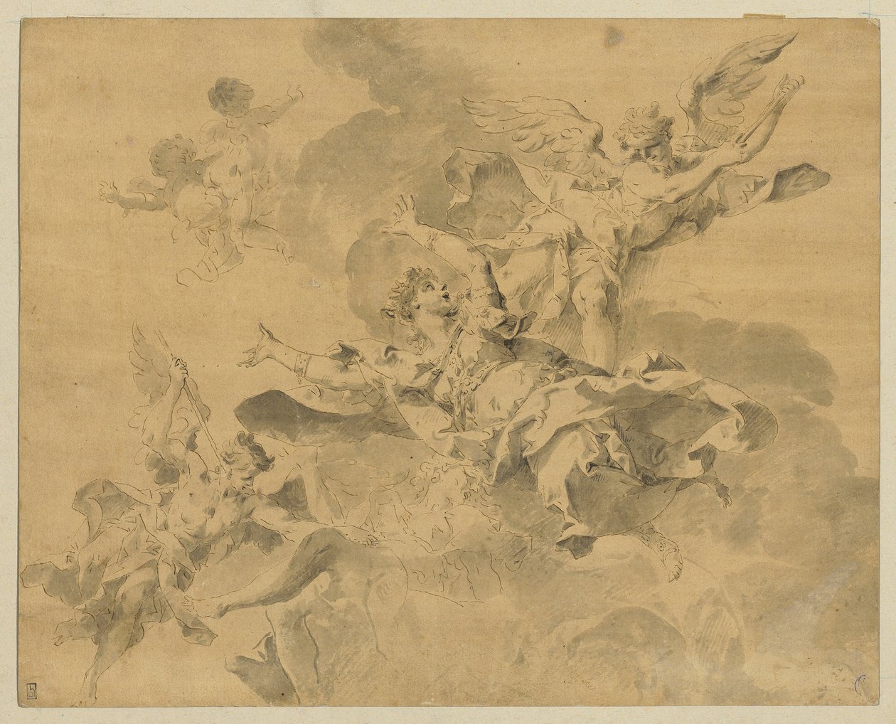 En drottning överlämnad till helvetet av hämnande änglar, ca 1676-1746 (penna, bläck och tvätt på papper) av Sebastiano Galeotti