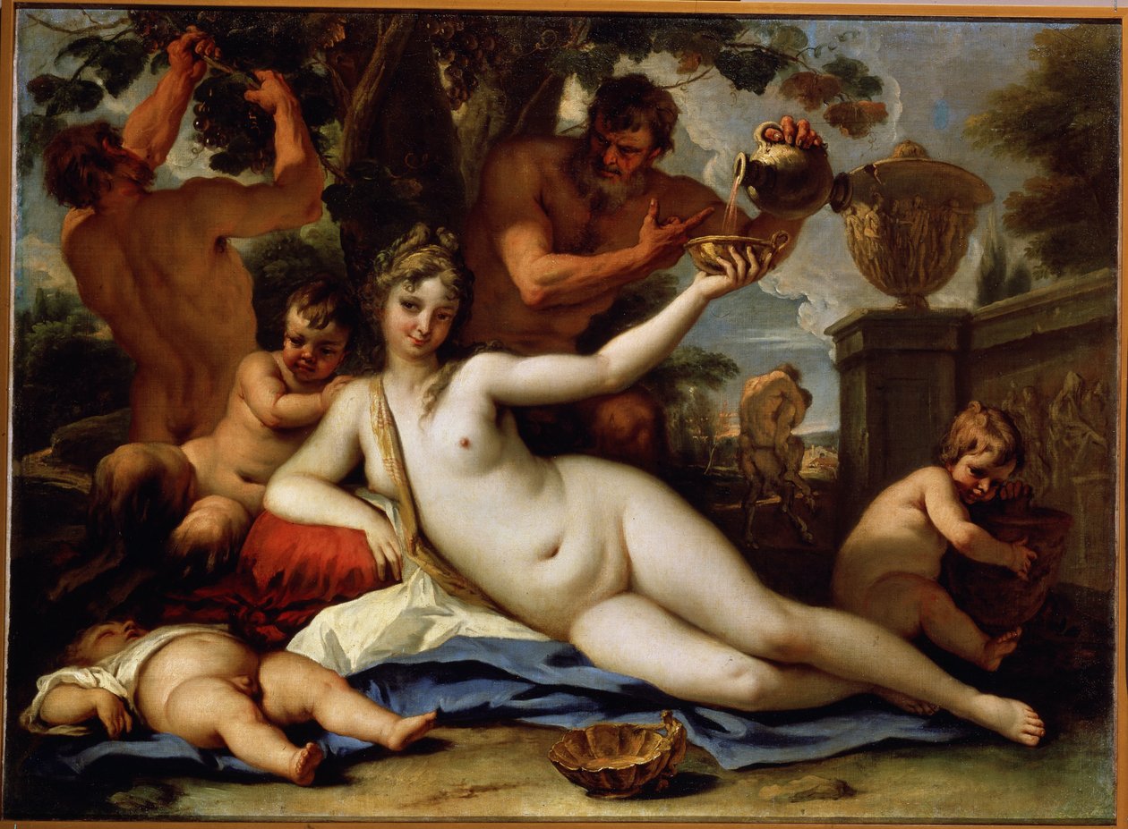Bacchante et satyres (Bacchante och Satyrer). Satyrerna plockar druvorna från vinstocken och serverar rött vin till bacchanten, en liggande kvinnlig naken. Målning av Sebastiano Ricci (1659-1734), cirka 1713. Venetiansk konst. Olja på duk. Eremitagemuseet, av Sebastiano Ricci
