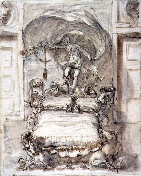 Säng med sjöhästar och förmögenhet (brunt bläck och skölj över krita) av Sebastiano Ricci