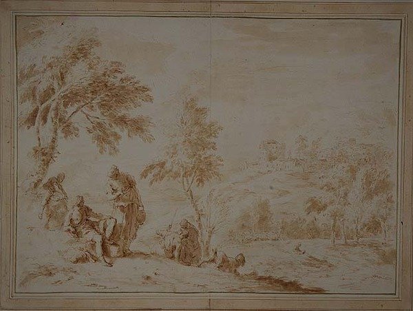 Omfattande pastoralt landskap med Hill-town, ca 1720 (brunt bläck och tvätt) av Sebastiano Ricci